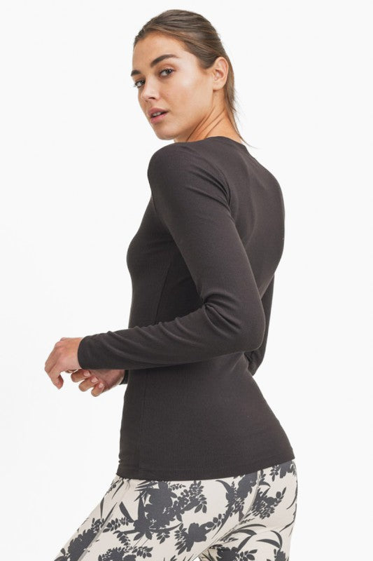 Mono B Essential long sleeve micro-ribbed athleisure top in black