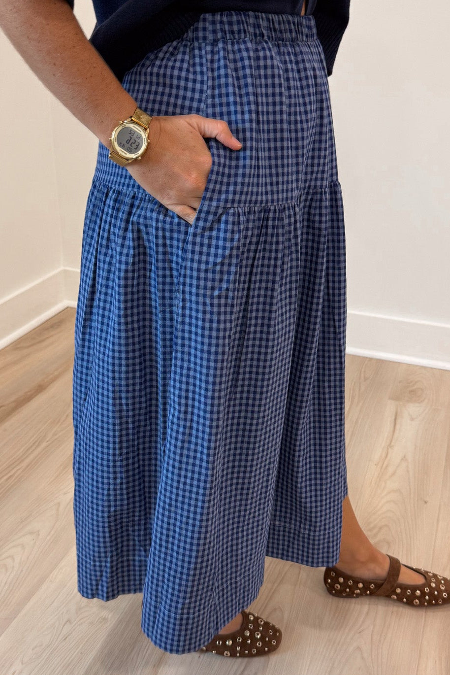 light blue and navy gingham checkered print tiered yoke flowy cotton midi skirt