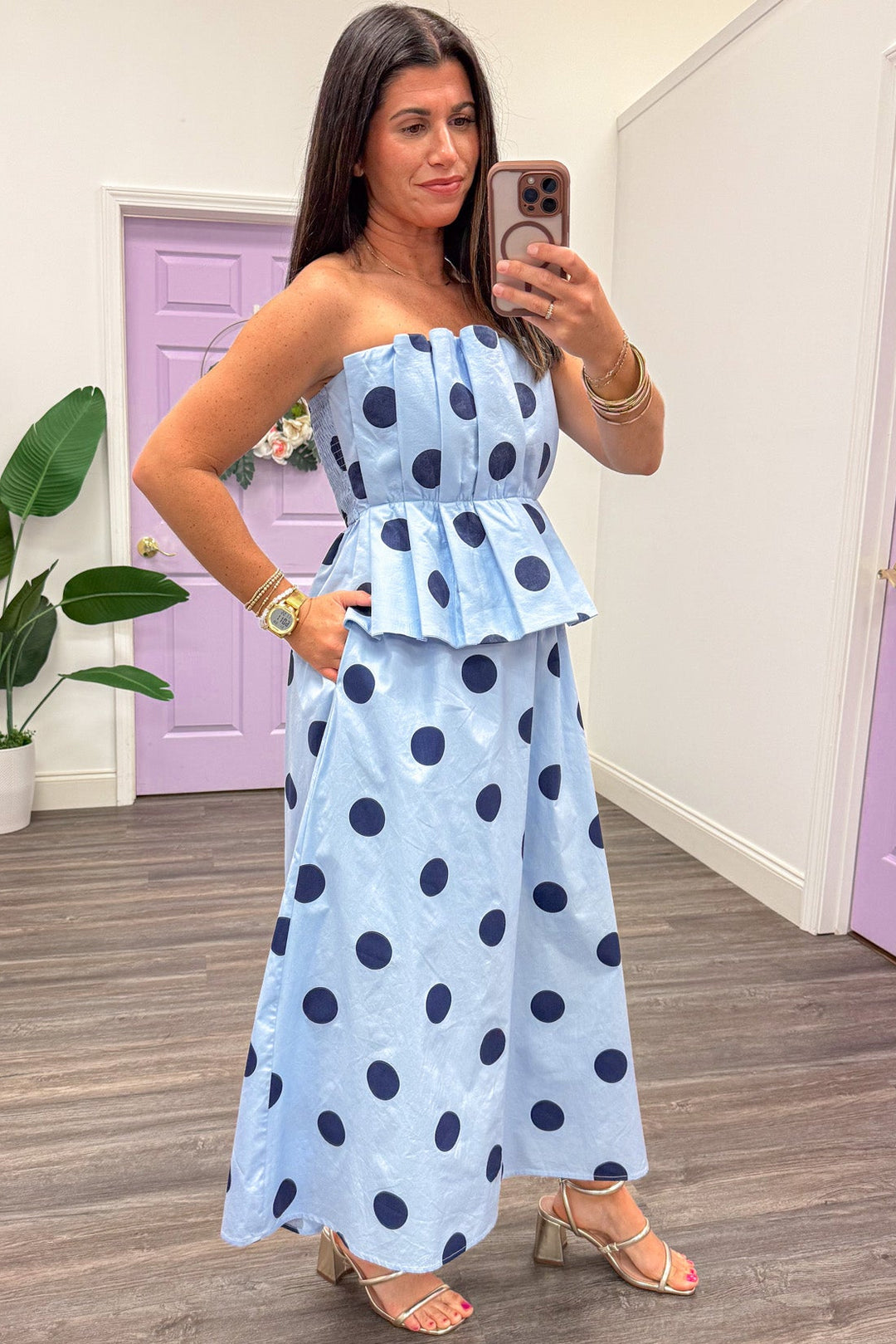 light blue with large navy polka dot print peplum strapless midi dress with side pockets