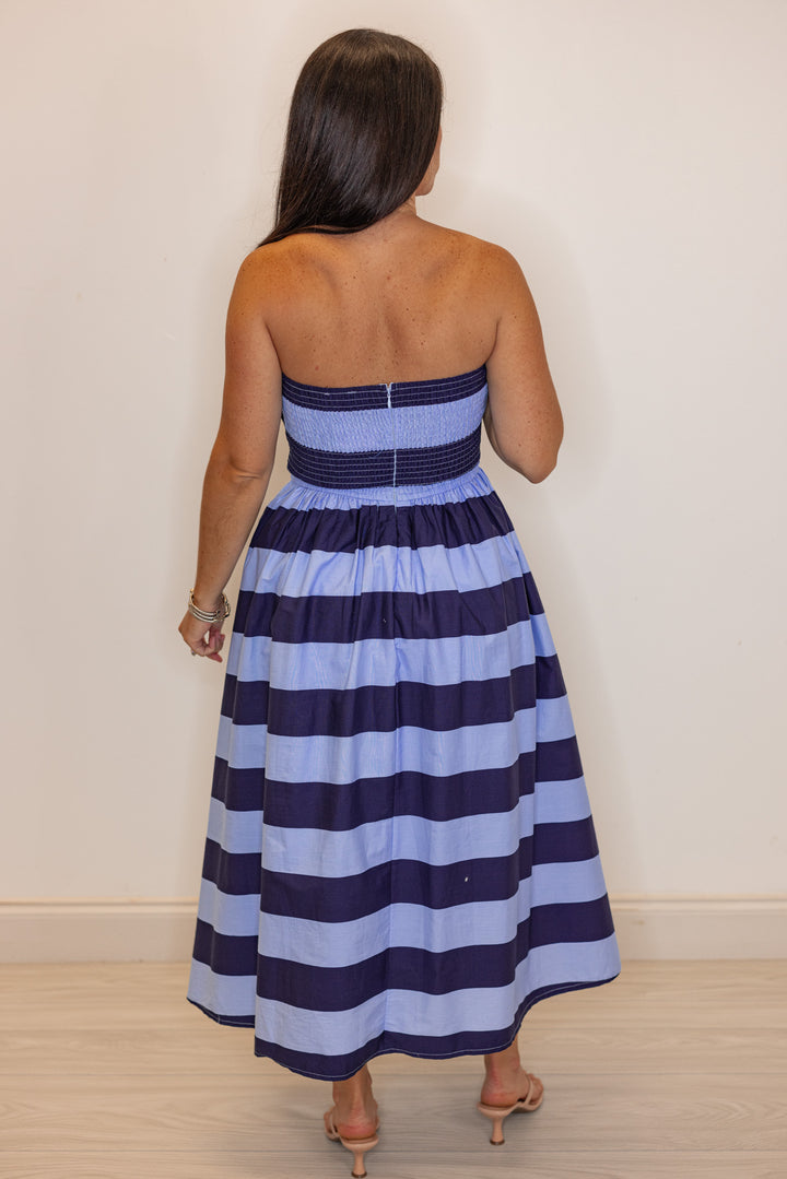 navy blue striped strapless event dress