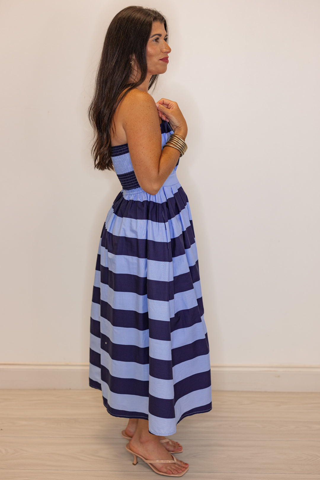 navy blue striped poplin strapless event dress