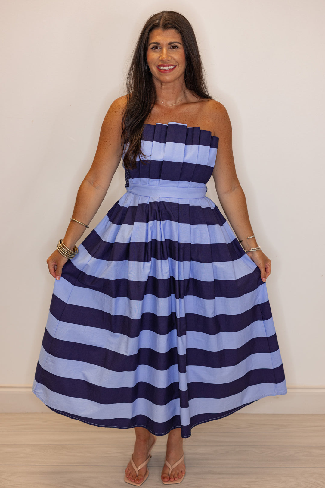 navy blue striped strapless poplin event dress
