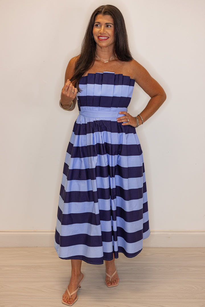 navy blue striped strapless event dress