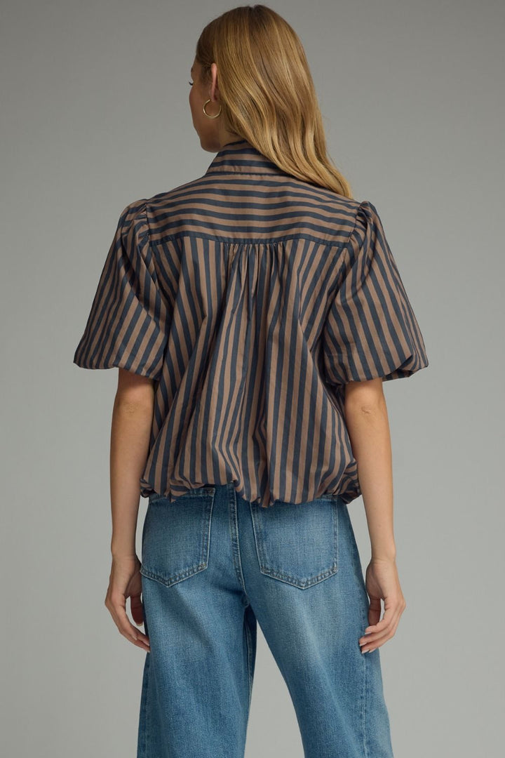 Women's semi-cropped button front navy and brown striped top with bubble hem and tiered detail in back at shoulders