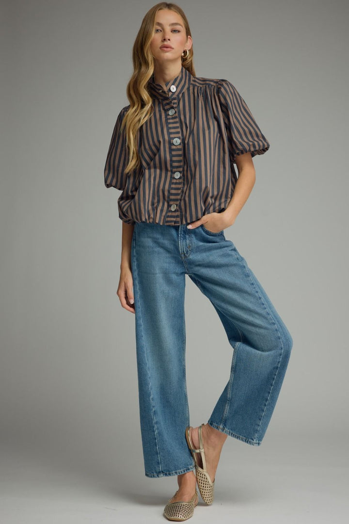 Entro semi-cropped button front navy and brown striped top with bubble hem and puff sleeves