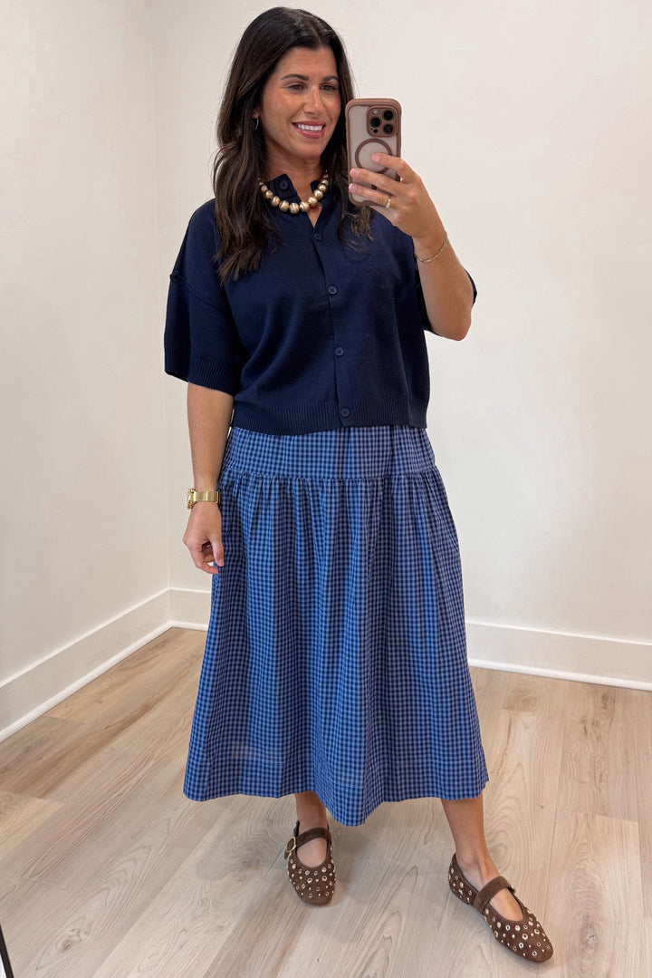 solid navy blue half-length sleeve button front semi-cropped knit cardigan top with ribbed trim