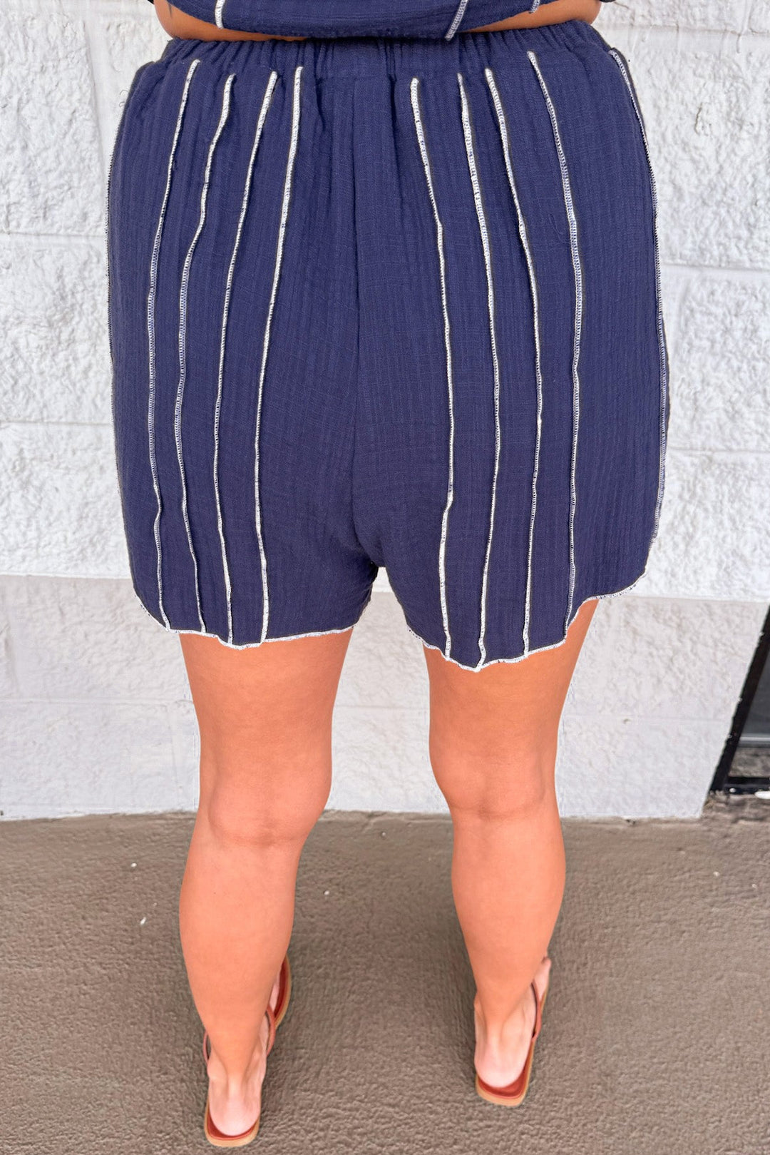 navy blue with cream textured stitch stripes top and wide leg shorts matching set