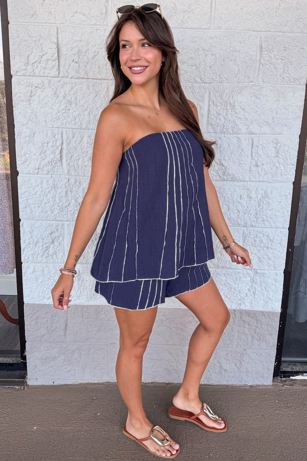 navy blue with cream textured stitching stripes top and shorts matching set
