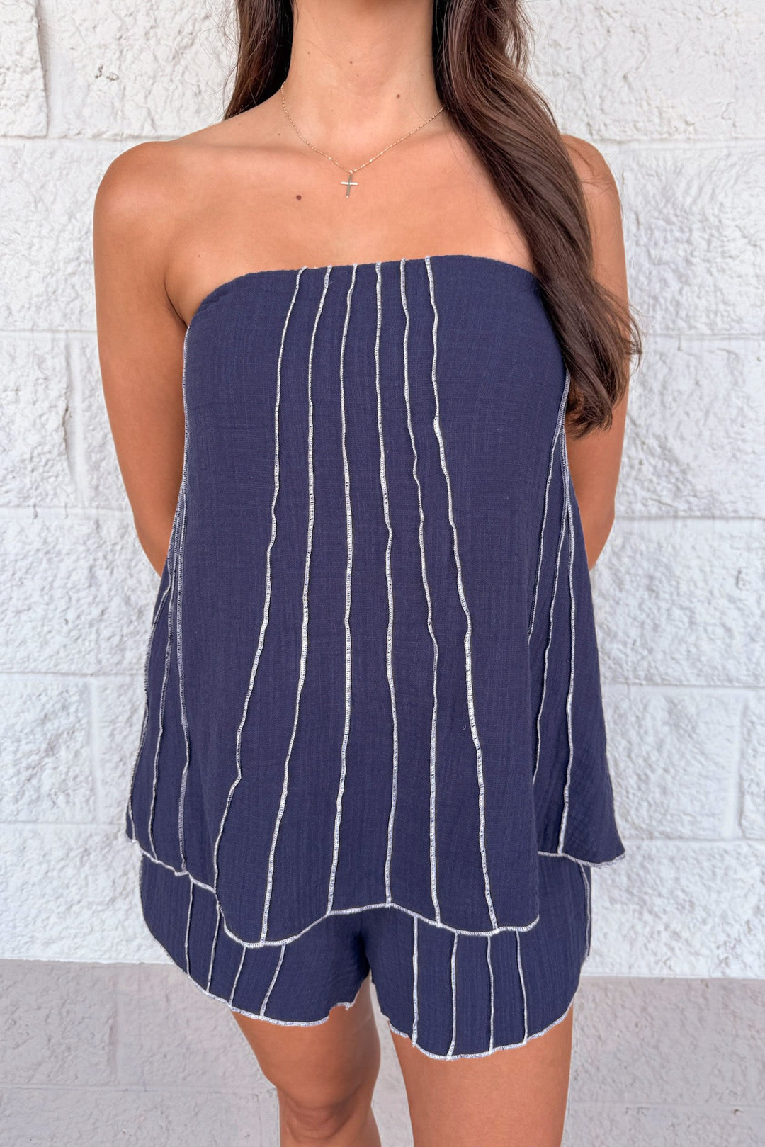navy blue with cream textured stitch stripes sleeveless top and shorts matching set