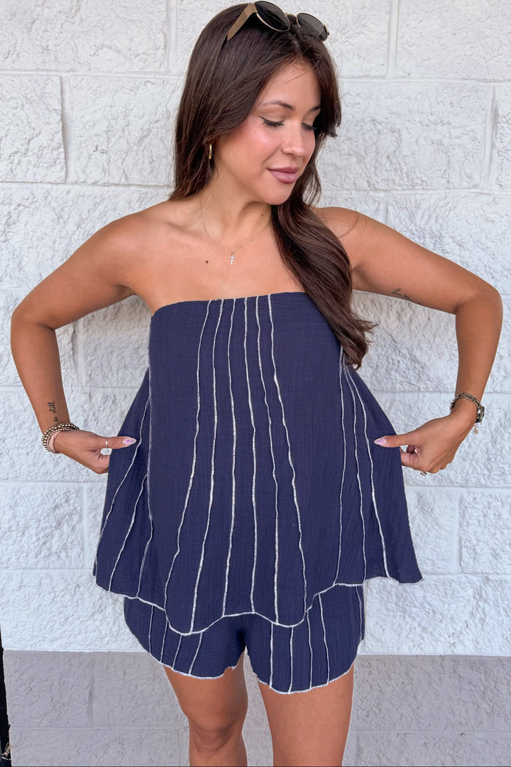 navy blue with cream textured stitch stripes flowy silhouette top and shorts matching set