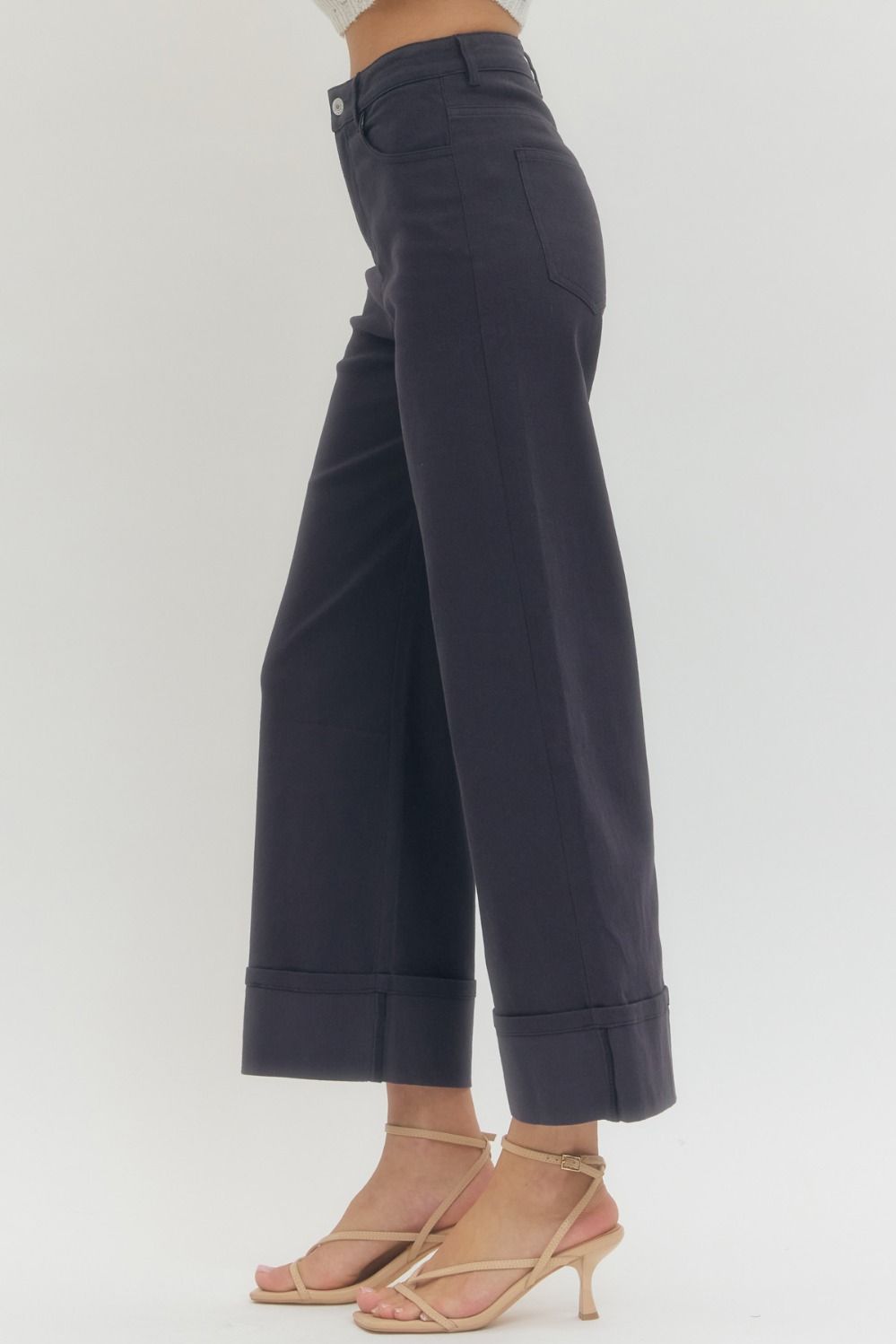 Women's navy twill denim cropped ankle pants by Entro showing side view