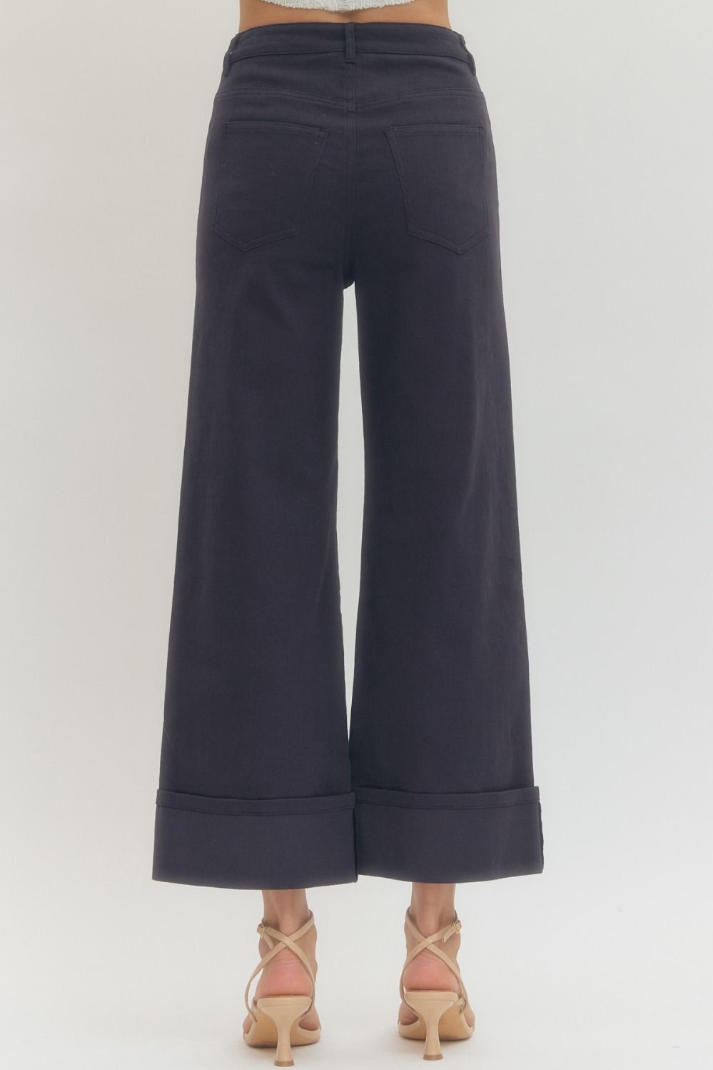 Women's navy twill denim cropped ankle pants by Entro showing back view