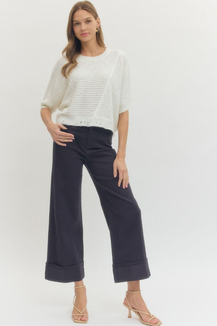 Women's navy twill denim cropped ankle pants by Entro showing full front view