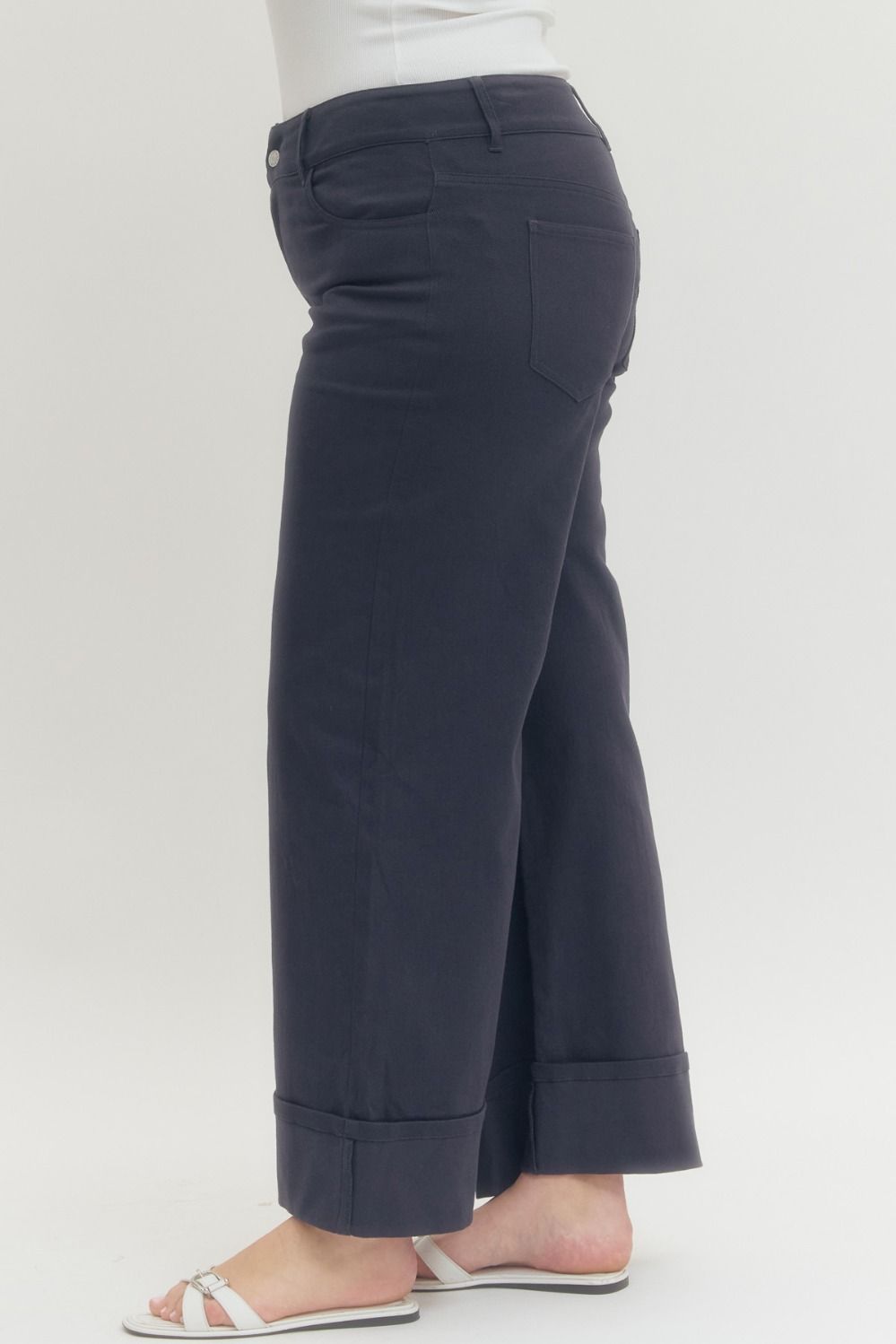 Women's navy twill denim cropped ankle pants by Entro in plus showing full side view