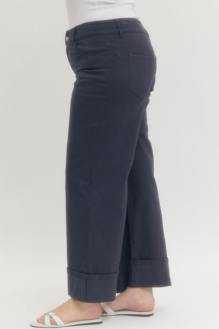 Women's navy twill denim cropped ankle pants by Entro in plus showing full side view