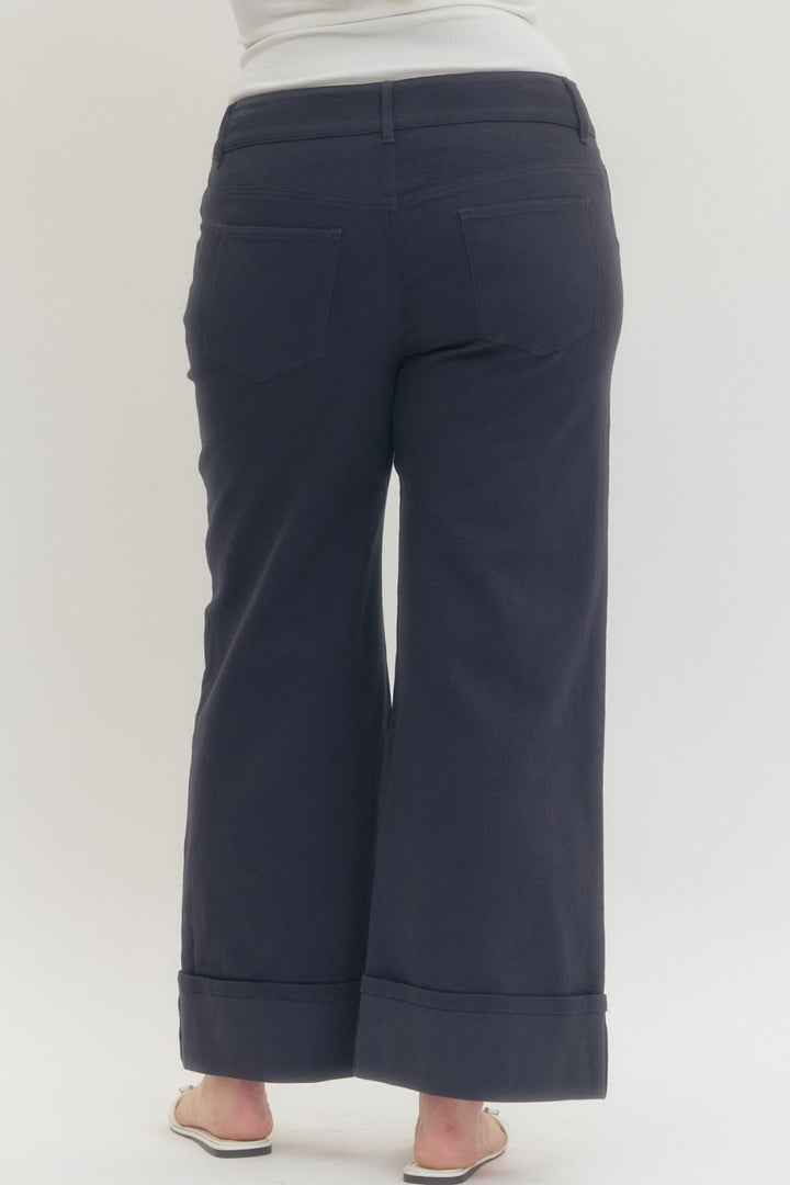 Women's navy twill denim cropped ankle pants by Entro in plus showing back view