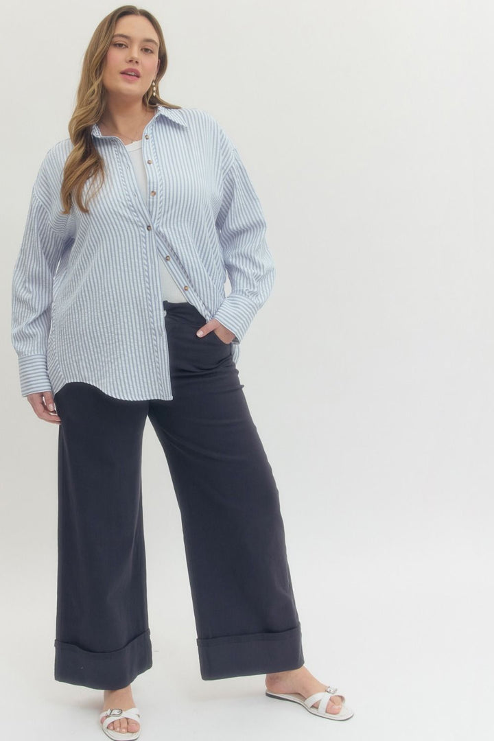 Women's navy twill denim cropped ankle pants by Entro in plus showing full front view