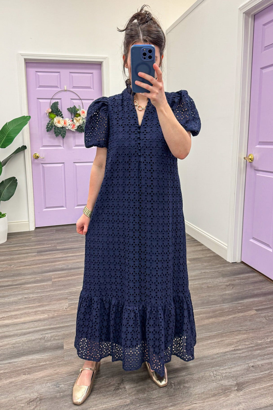 navy blue embroidered eyelet lace detail puff sleeve maxi dress