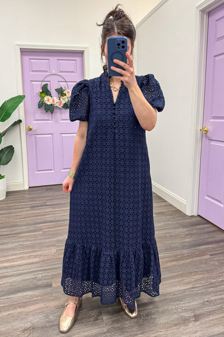 navy blue embroidered eyelet lace detail puff sleeve maxi dress