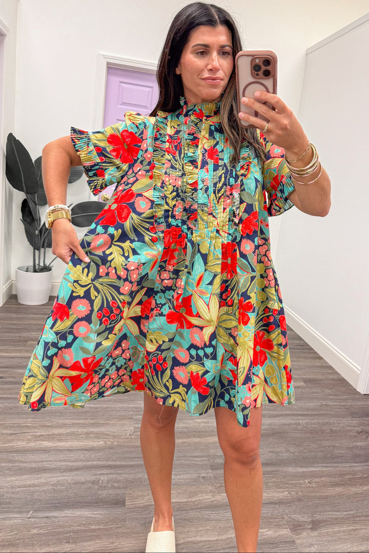 navy blue and floral pintuck detail ruffle trim relaxed silhouette short dress