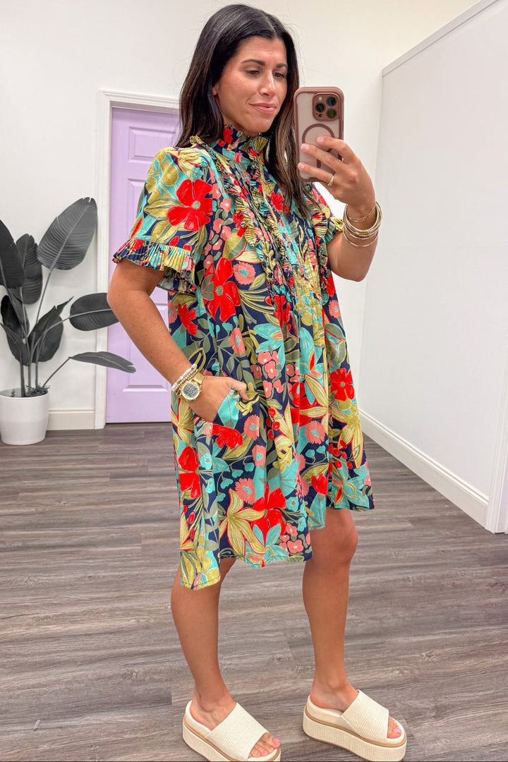navy blue and bright floral print ruffle trim short dress with side pockets