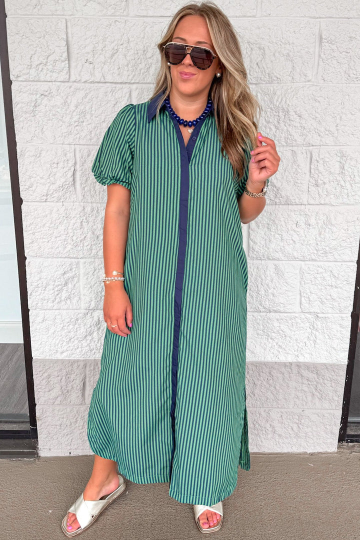 navy blue and green striped button front puff sleeve midi dress