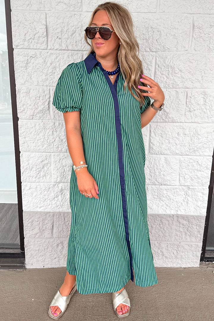 navy blue and green striped button front puff sleeve collared neckline midi dress