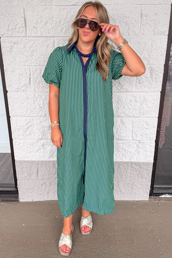 navy blue and green striped button front short puff sleeve midi dress