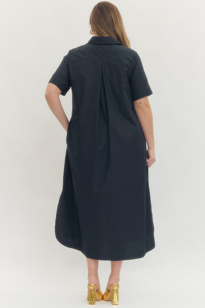 Entro plus size navy midi dress with gold decorative snap bodice, collar and pleated detail in back