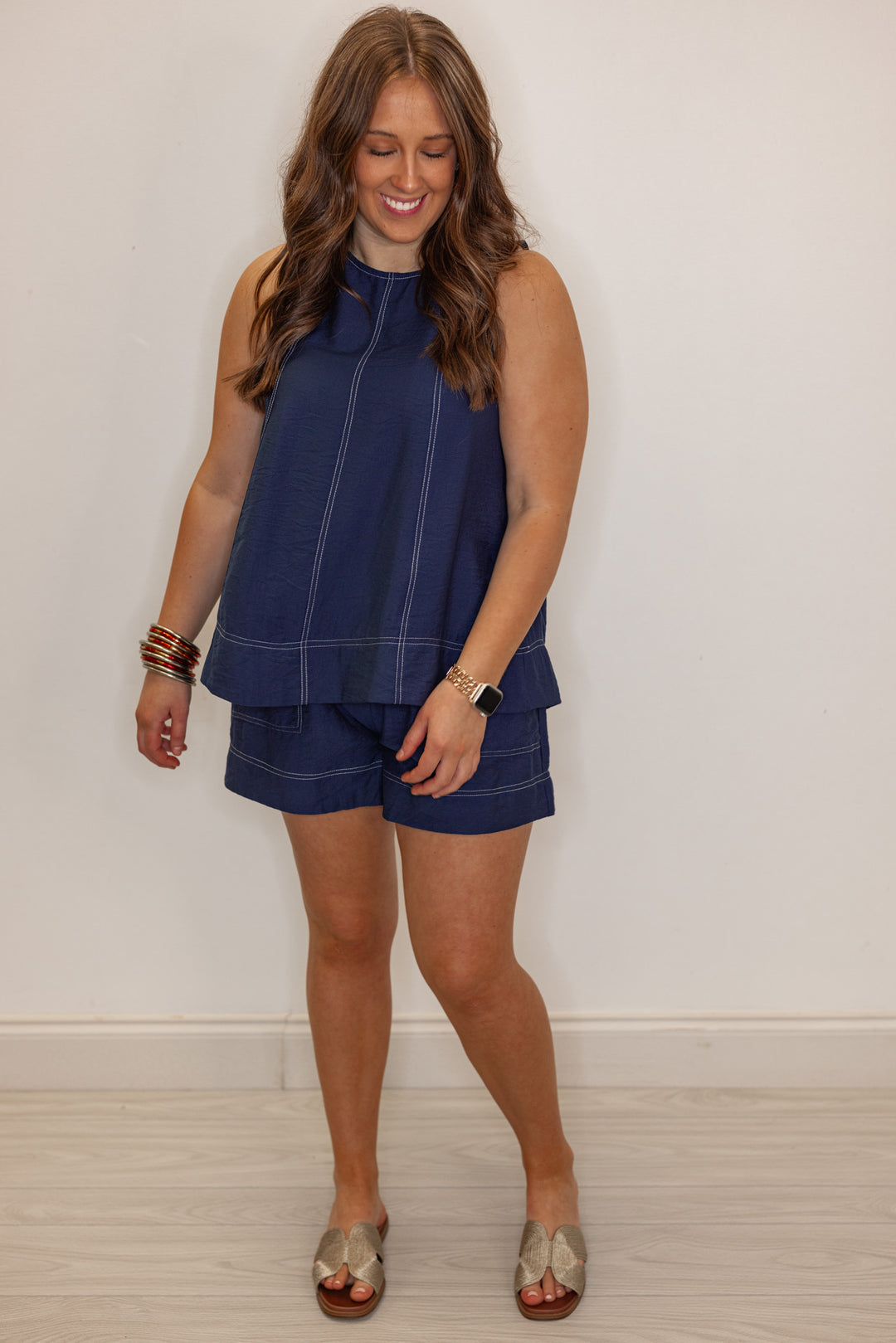 navy blue white stitching elastic waist shorts