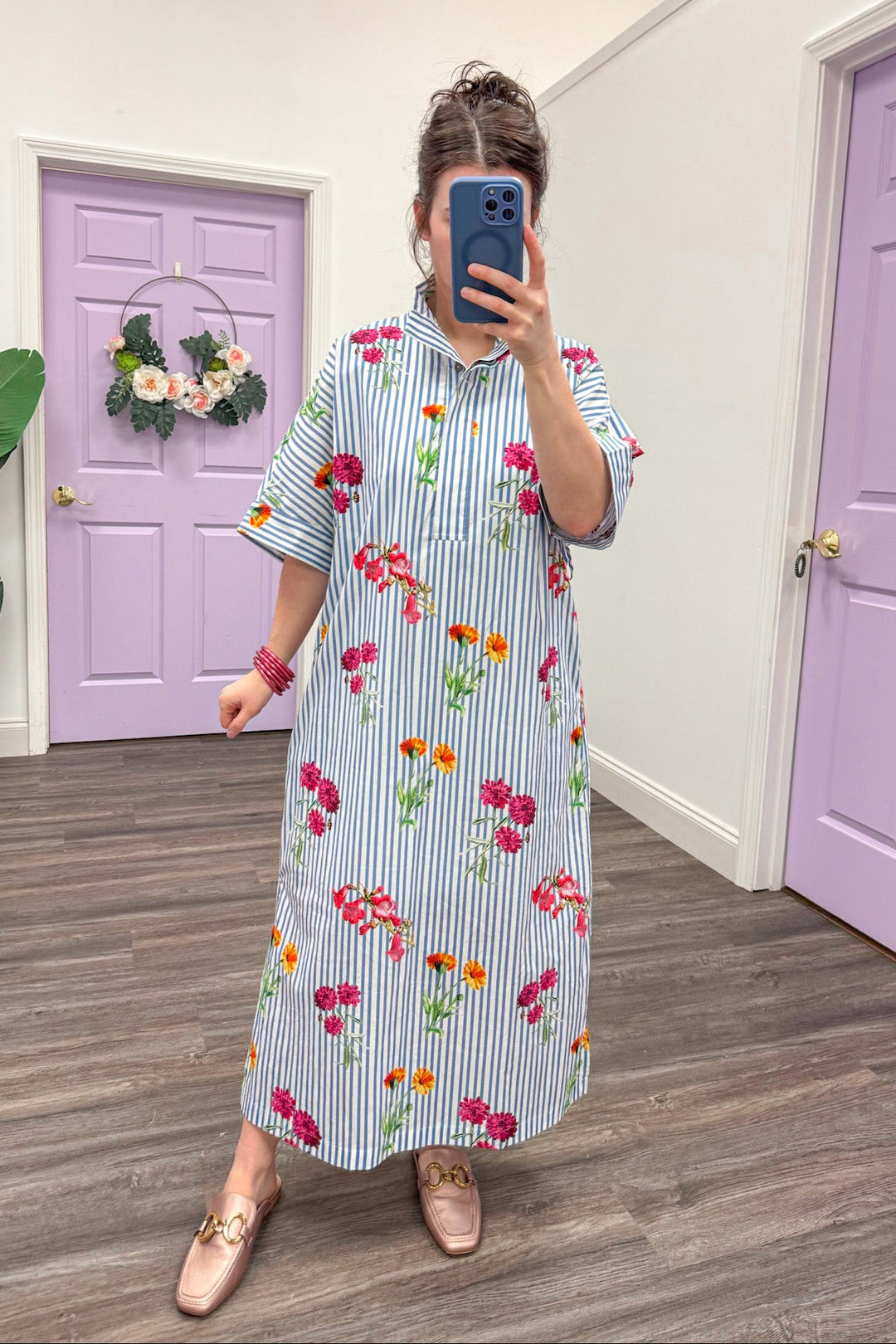 poplin cotton blue white striped floral printed dress