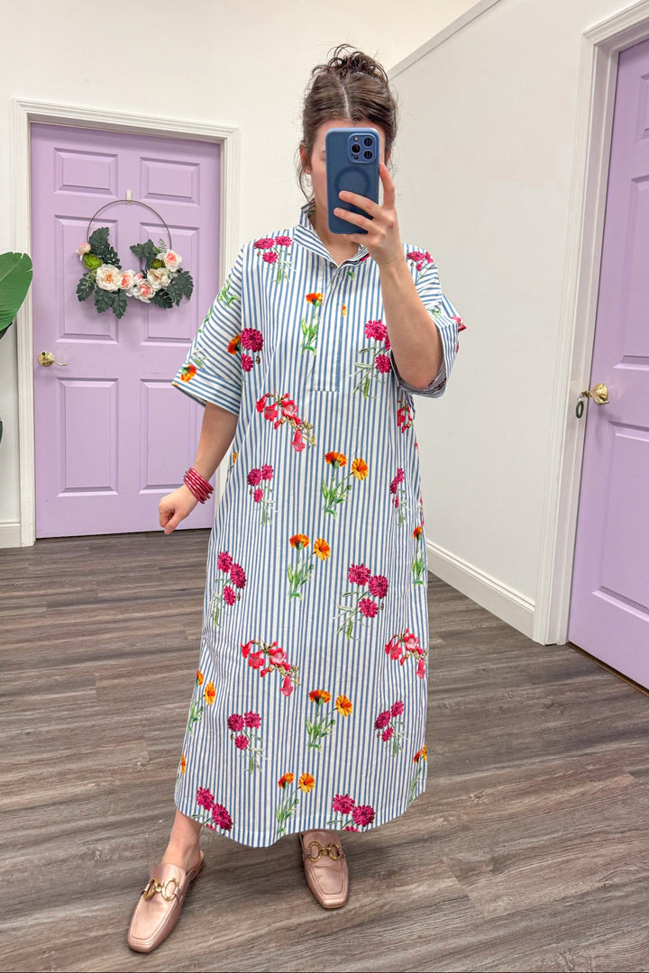 poplin cotton blue white striped floral printed dress