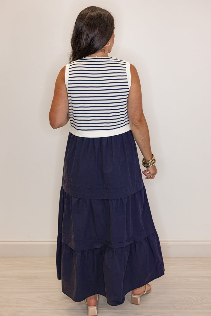 Women's navy poplin dress with sleeveless cream and navy knit striped top by Jodifl showing full back view
