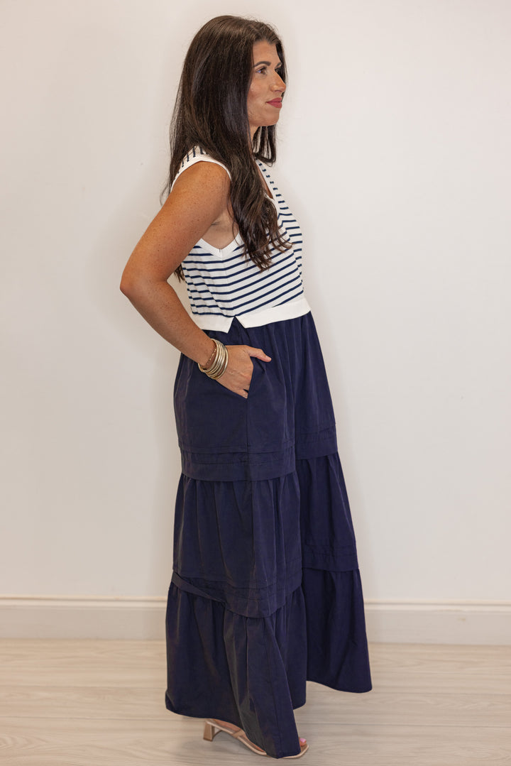 Women's navy poplin dress with sleeveless cream and navy knit striped top by Jodifl showing full side view