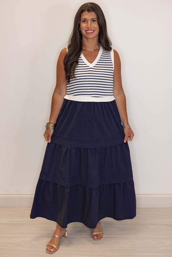 Women's navy poplin dress with sleeveless cream and navy knit striped top by Jodifl showing full front view