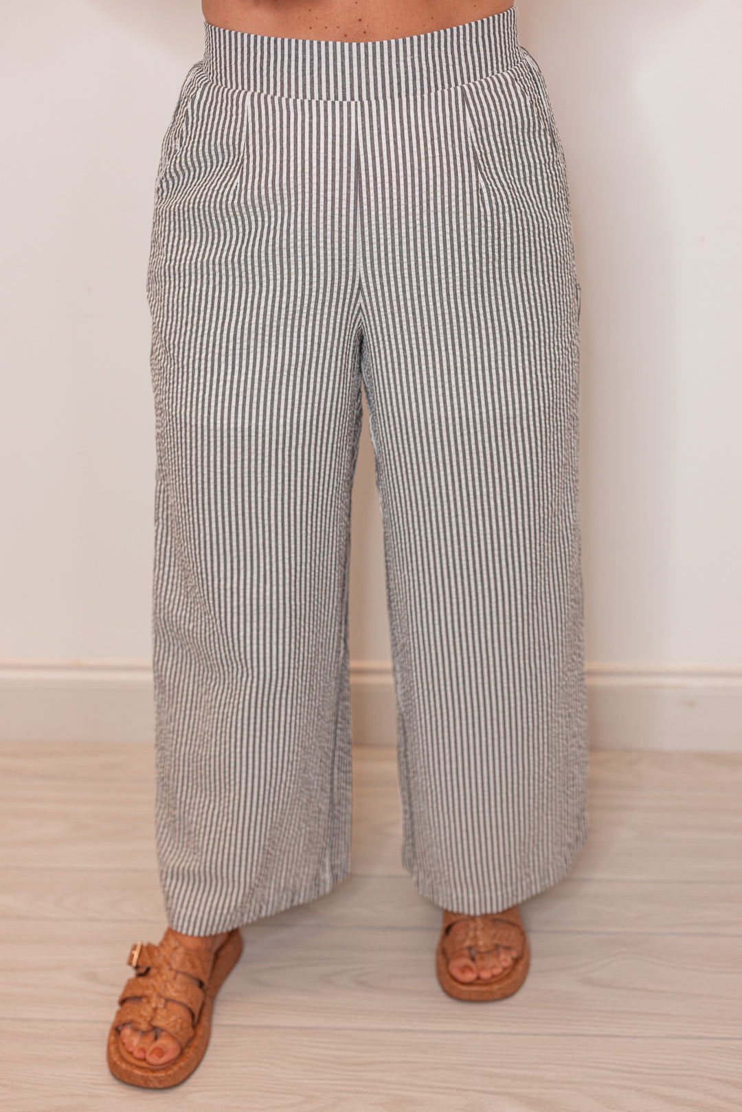 navy white seersucker striped pants set