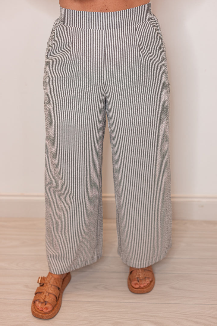 navy white seersucker striped pants set