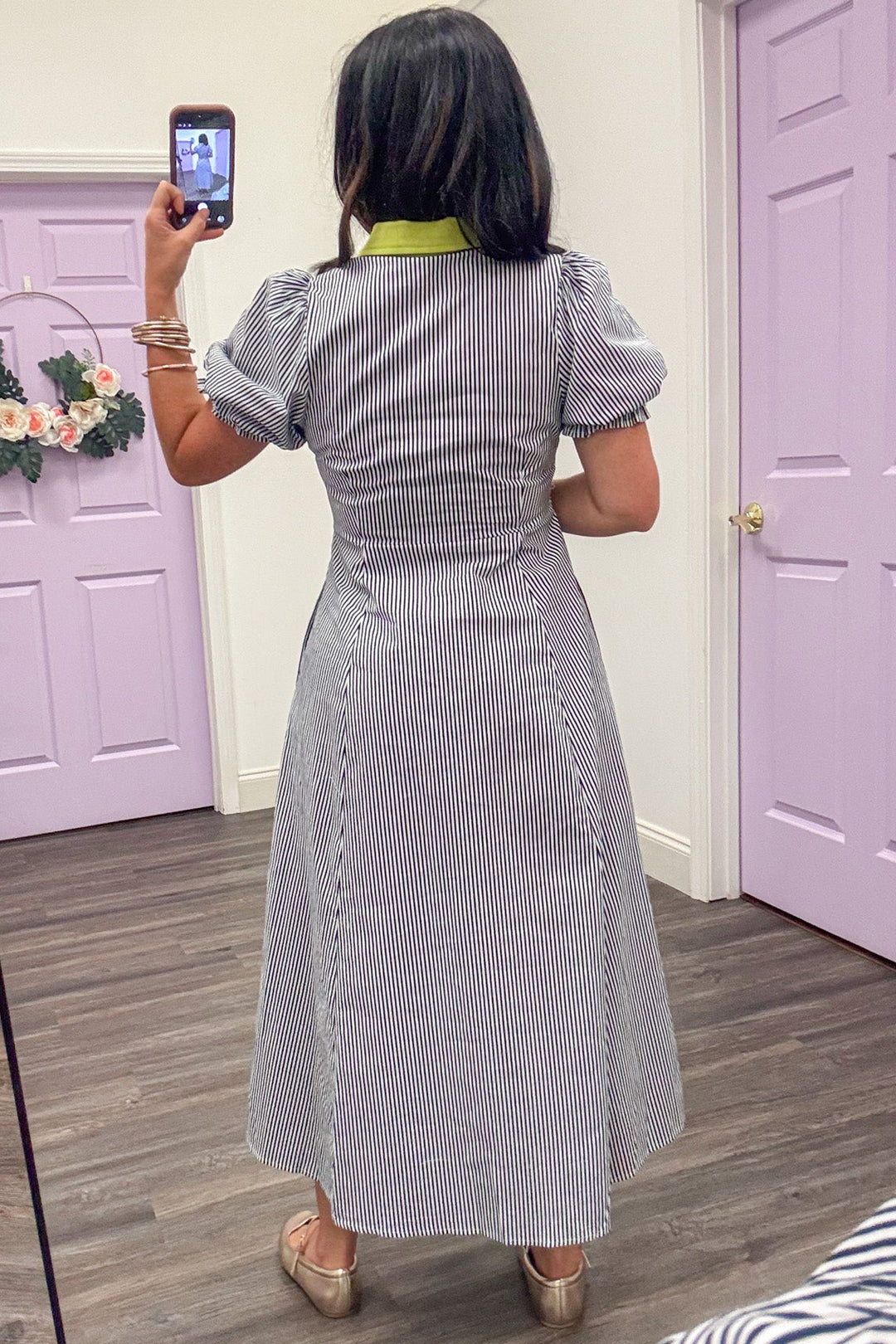 navy and white striped button front cuffed short sleeve midi dress