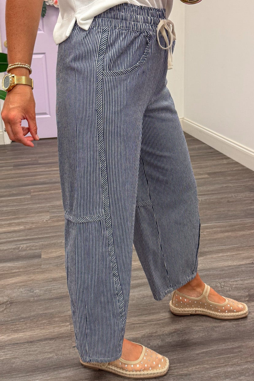 navy blue and white vertical striped drawstring waist wide leg twill barrel pants