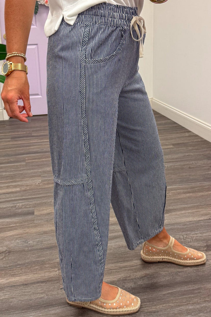 navy blue and white vertical striped drawstring waist wide leg twill barrel pants