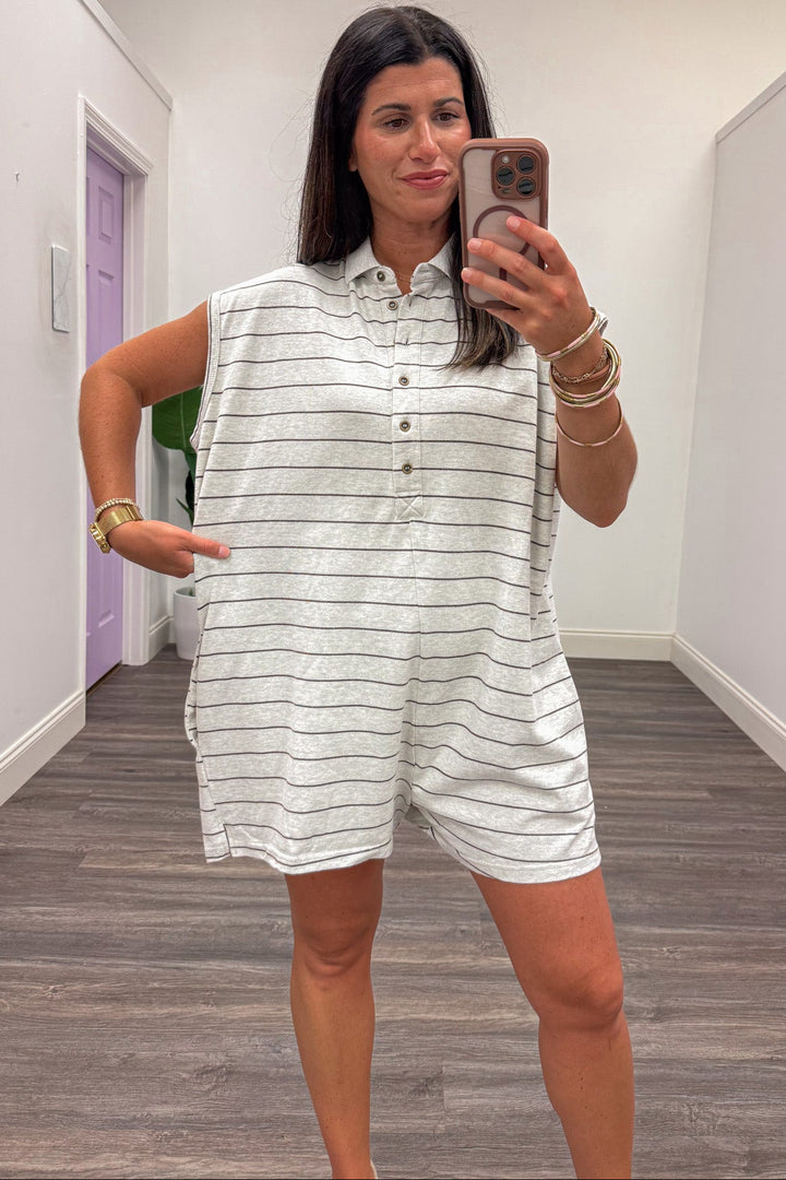 oatmeal and brown striped button front polo style sleeveless relaxed silhouette knit romper
