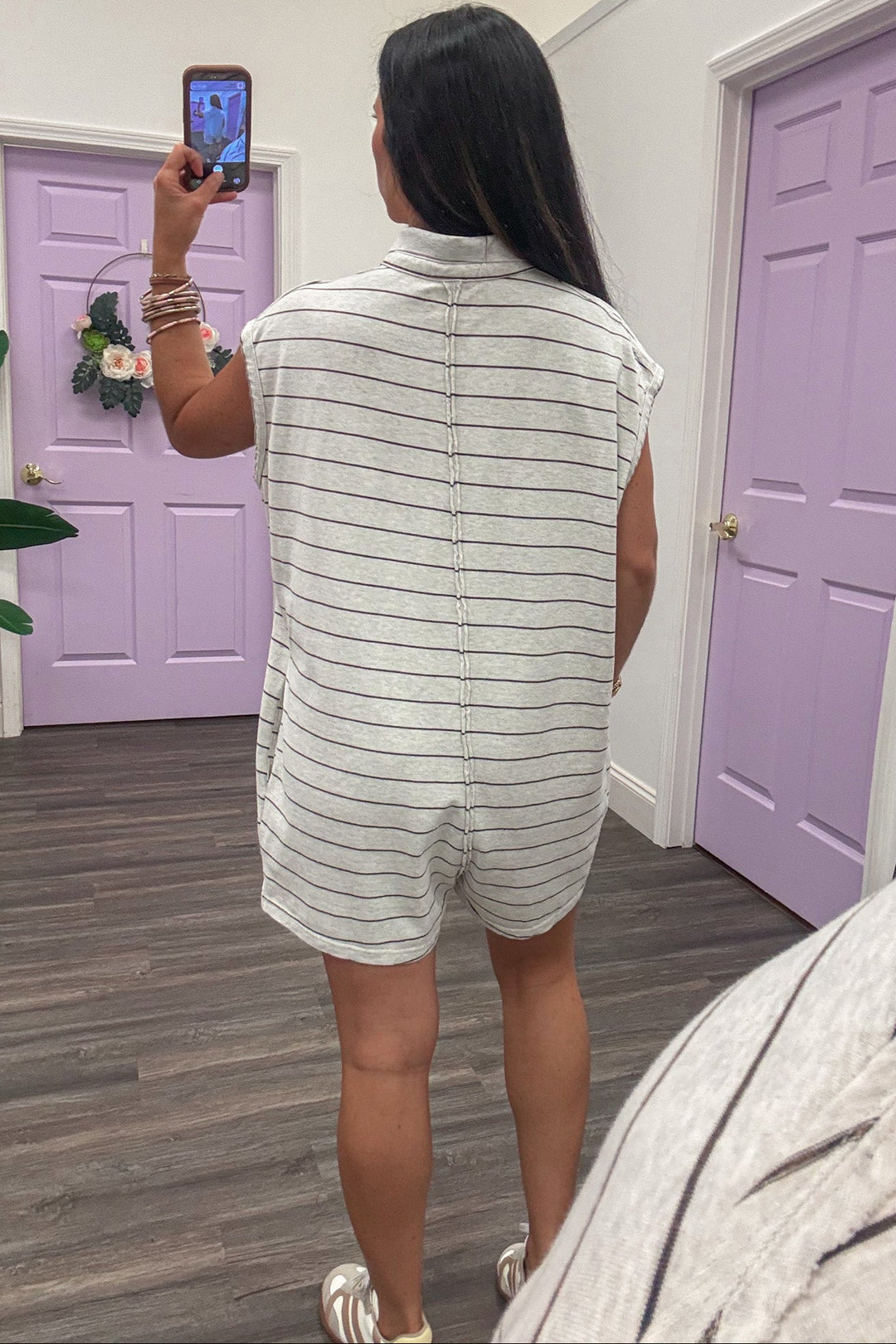 oatmeal and brown striped button front polo style sleeveless wide leg knit romper