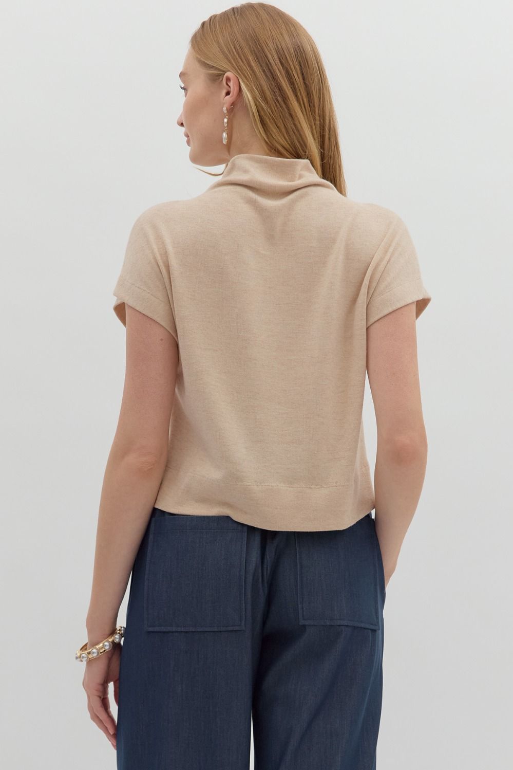Women's oatmeal knit cropped top by Entro showing back view
