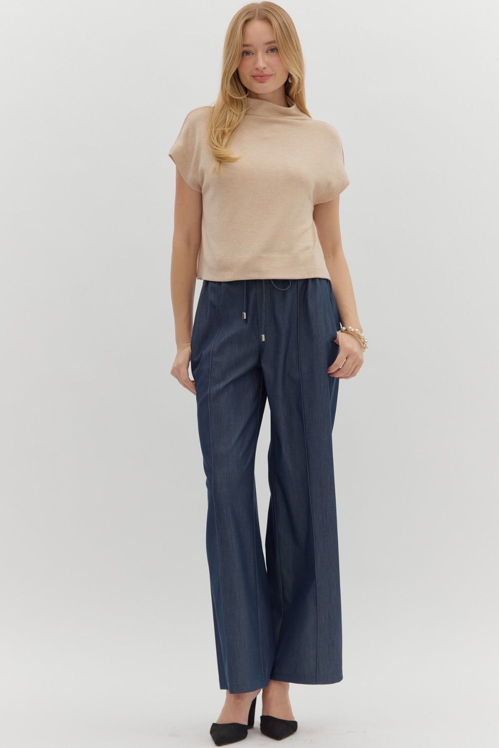 Women's oatmeal knit cropped top by Entro showing full front view