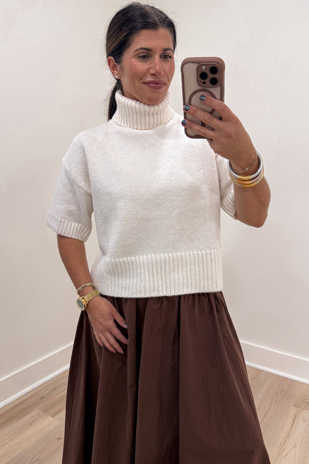 solid off-white turtleneck short sleeve semi-cropped lightweight knit sweater top