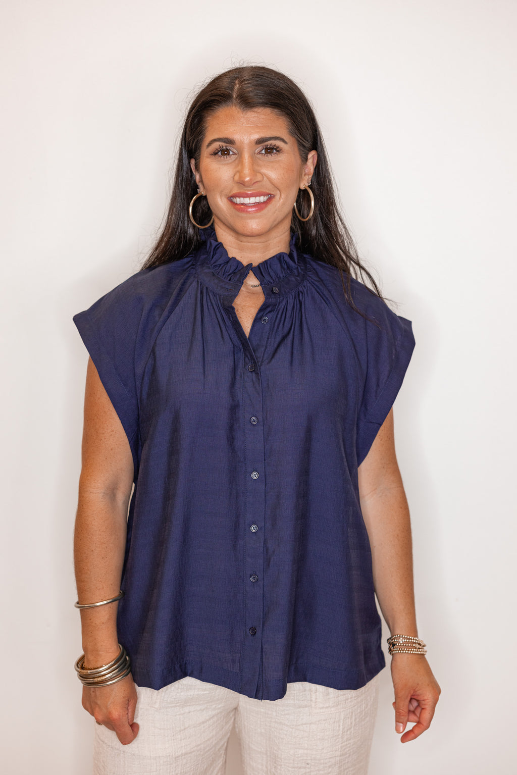 women's navy linen blouse
