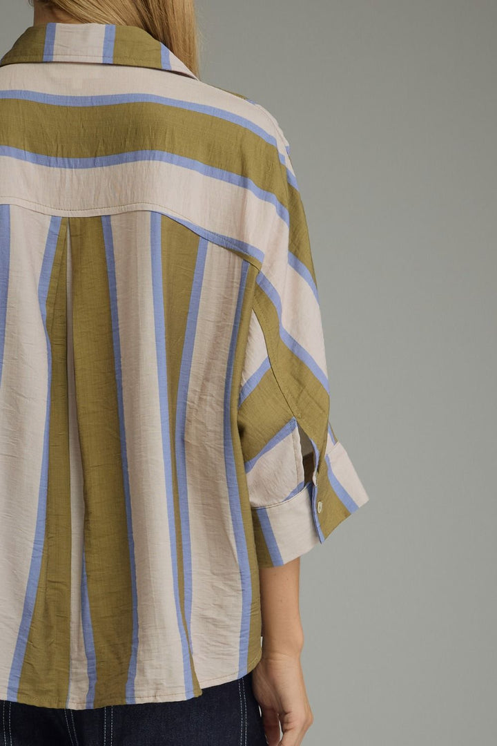 Entro olive, cream and blue striped button down top with dolman sleeves and rounded hem