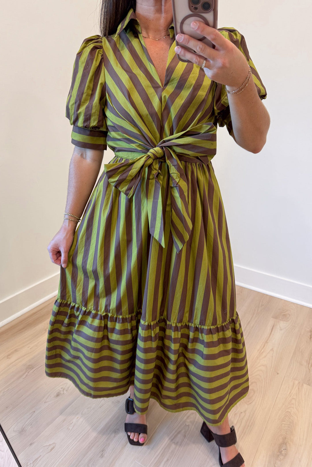 light olive green and brown striped puff sleeve ruffled hem cotton poplin midi dress with collared v neckline