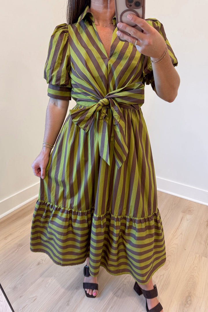 light olive green and brown striped puff sleeve ruffled hem cotton poplin midi dress with collared v neckline