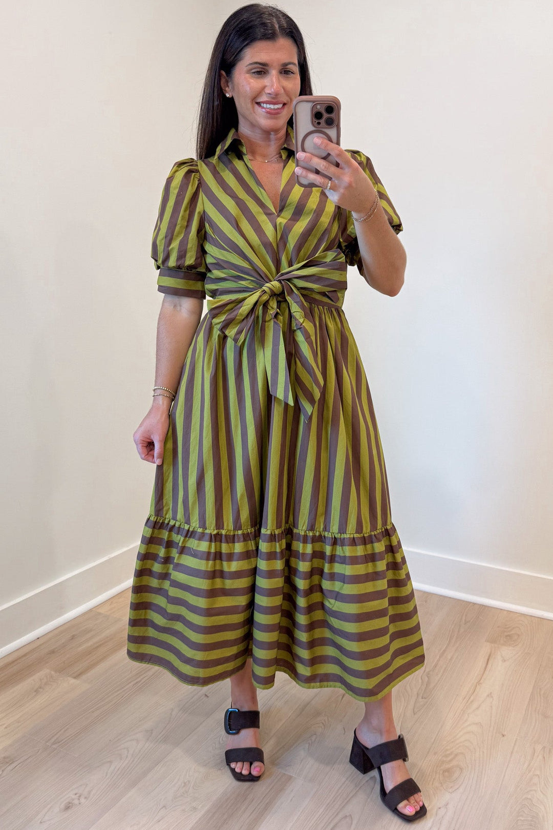 light olive green and brown striped puff sleeve ruffled hem cotton poplin midi dress